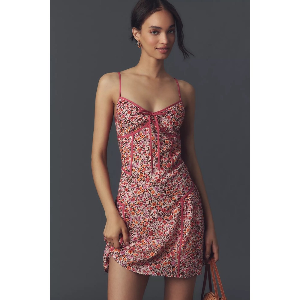 NWT‎ Anthropologie Paneled Mini Slip Dress Pink Floral Sz M Bow Spaghetti Straps